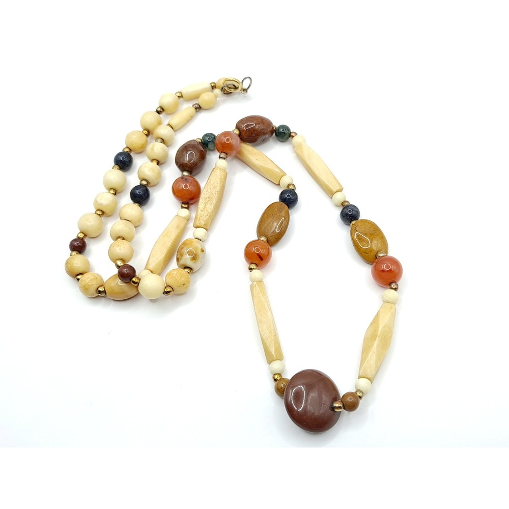 Vintage Beggars Bead Necklace Polished Stone Fall Earth Tones 28" - Picture 12 of 13